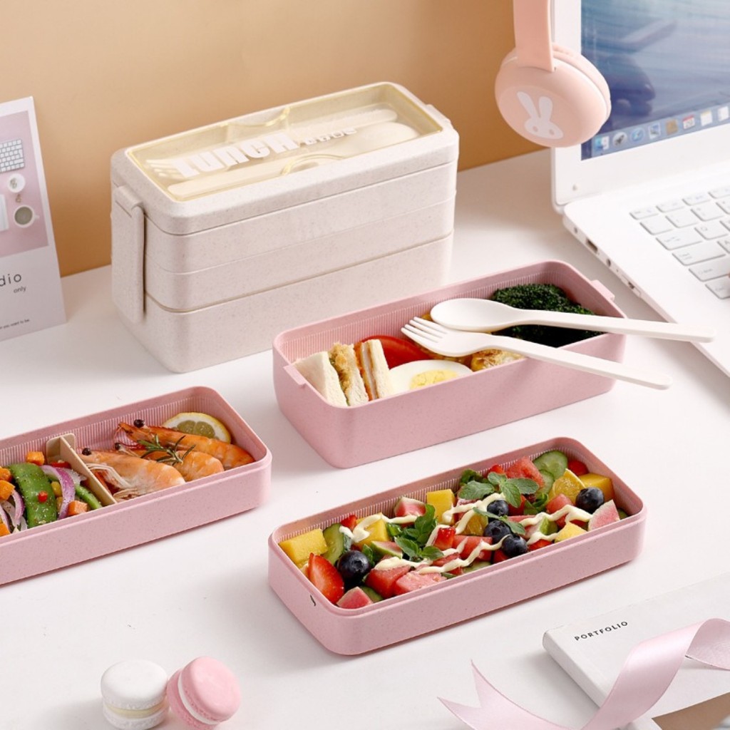 Caixa De Almoço Protable Lunch Box Com Jantar Em Camadas De Palha De Trigo Bento Fresh-Keeping Para Escritório Do Estudante