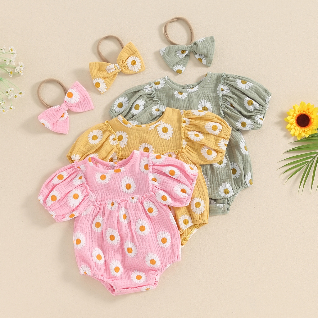 Macacão vestido de manga curta com estampa de margaridas para bebê menina com faixa para a cabeça. Roupa de verão fofa para recém-nascido infantil menina em Oferta na Shopee