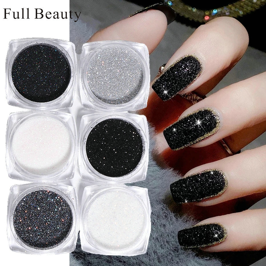 Novo Estilo 6 Cores Pó Glitter Diamante Glitter Preto Branco Micro Diamante Rosa Manicure Jóias Manicure Lantejoulas Glitter Pó de Unhas Atacado