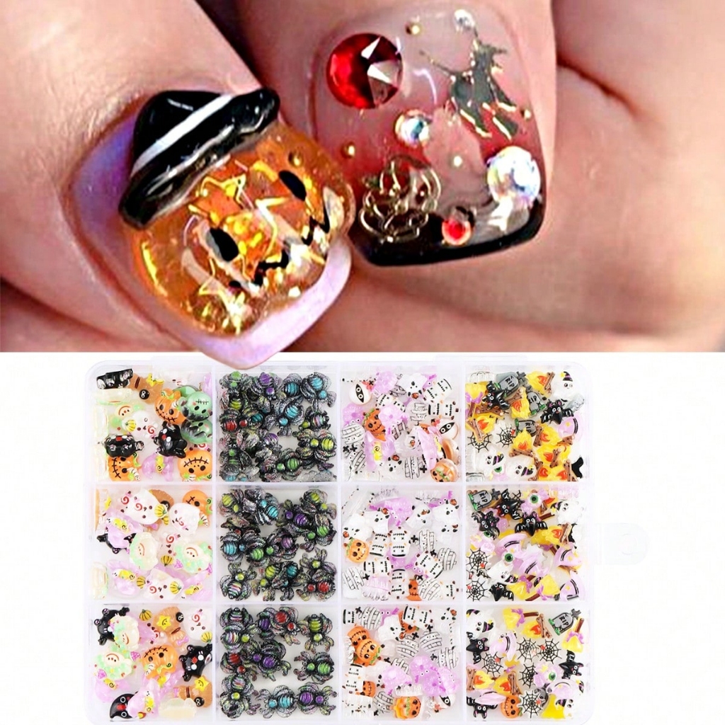 1 Caixa Halloween Nail Charmes De , Kawaii Spider Pumpkin Ghost 3D Resina Decorações De Unhas Manicure Design Acessórios