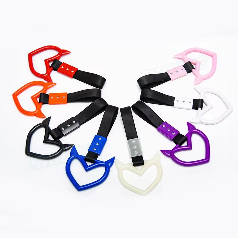 Universal JDM Devil Heart Car Tow Strap Tsurikawa Alça De Reboque Mão Anel De Sakura Forma De Cerejeira Flor Trem De