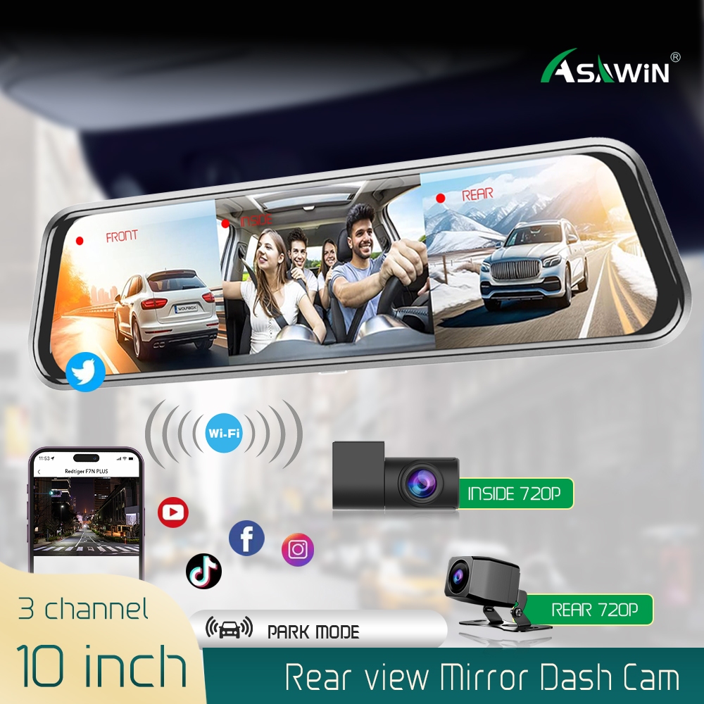 3 Câmeras Wifi 10 Polegadas Vista Traseira Espelho Câmera Dash Cam 3 Vias Asawin H5 Tela Sensível Ao Toque Dentro E Fora Do Lado 3 Canais Gravação De Tempo Visão Noturna Modo Estacionamento 24H .