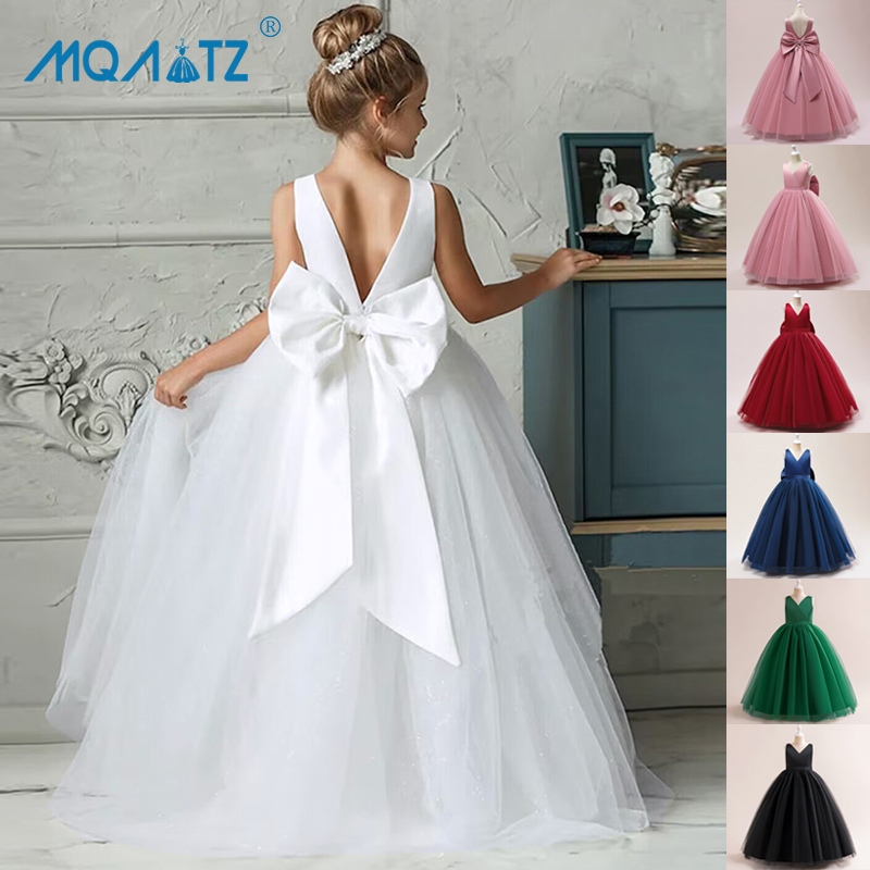 MQATZ Vestido De Verão Big Bow Dama De Honra Longo Para Meninas Princesa Sem Costas Noiva LP-505