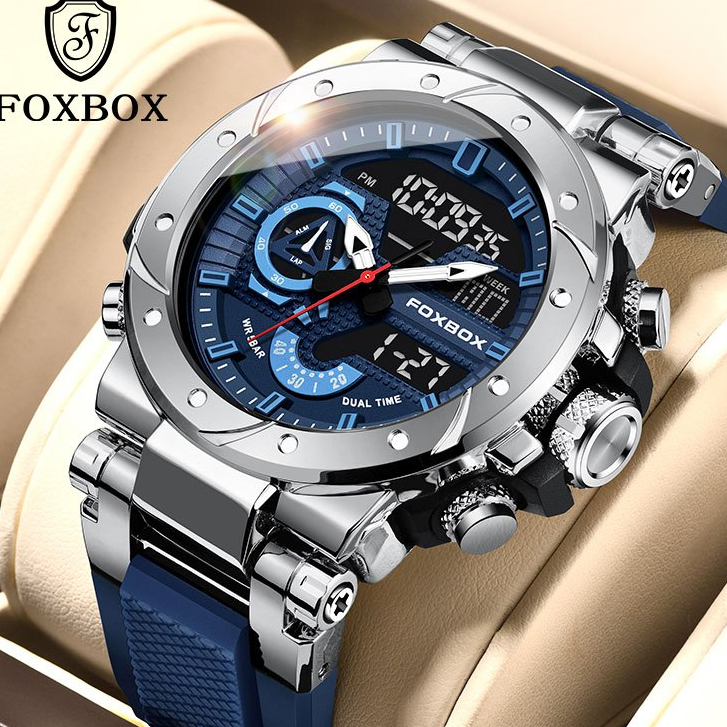 FOXBOX Relógio Digital Masculino Display Duplo LED Despertador Esportivo Cronômetro De Pulso De Natação À Prova D'água
