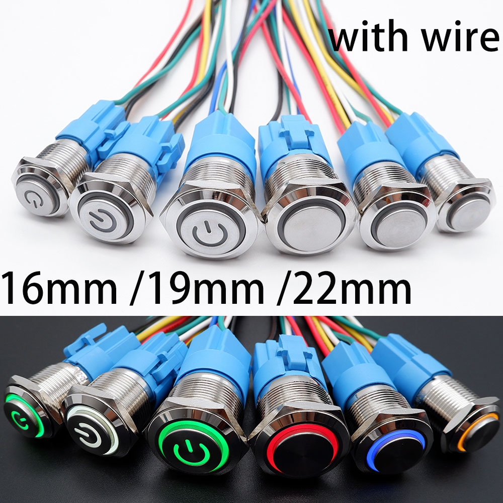 16mm 19mm 22mm Botão De Pressão Da Fonte De Alimentação Metálica Do Motor PC Com Luz De Fundo 3v 6v 12v 24v 220v LED De Parada Momentânea De Partida