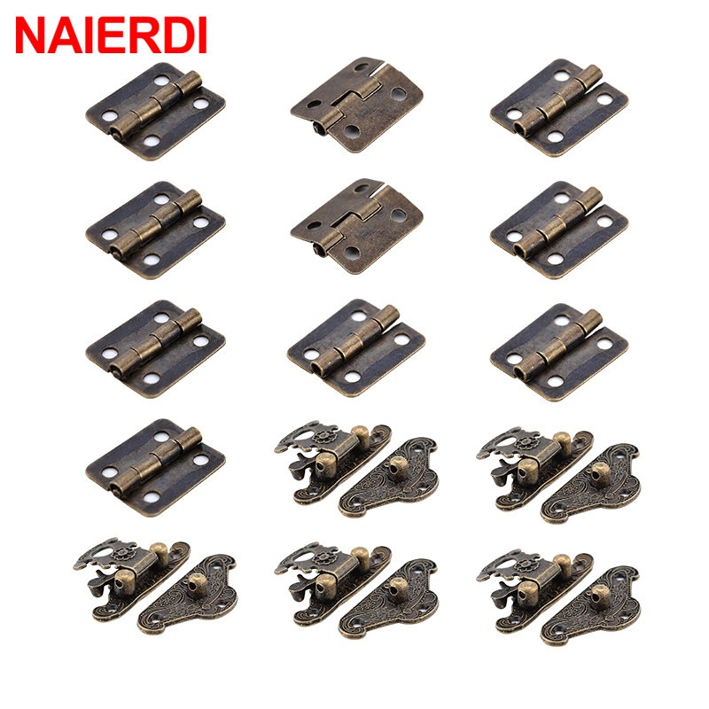 NAIERDI 5Pcs Jóias De Bronze Antigo Caixa De Madeira Hasp Trava + 10Pcs Dobradiças De Armário Ferro Móveis De Ferragens Vintage