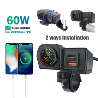 60W QC3.0 + PD Tomada Dupla USB Para Motocicleta Guidão E Espelho Traseiro Carregador Rápido Adaptador De Energia Do Telefone Termômetro Digital Voltímetro em Oferta na Shopee