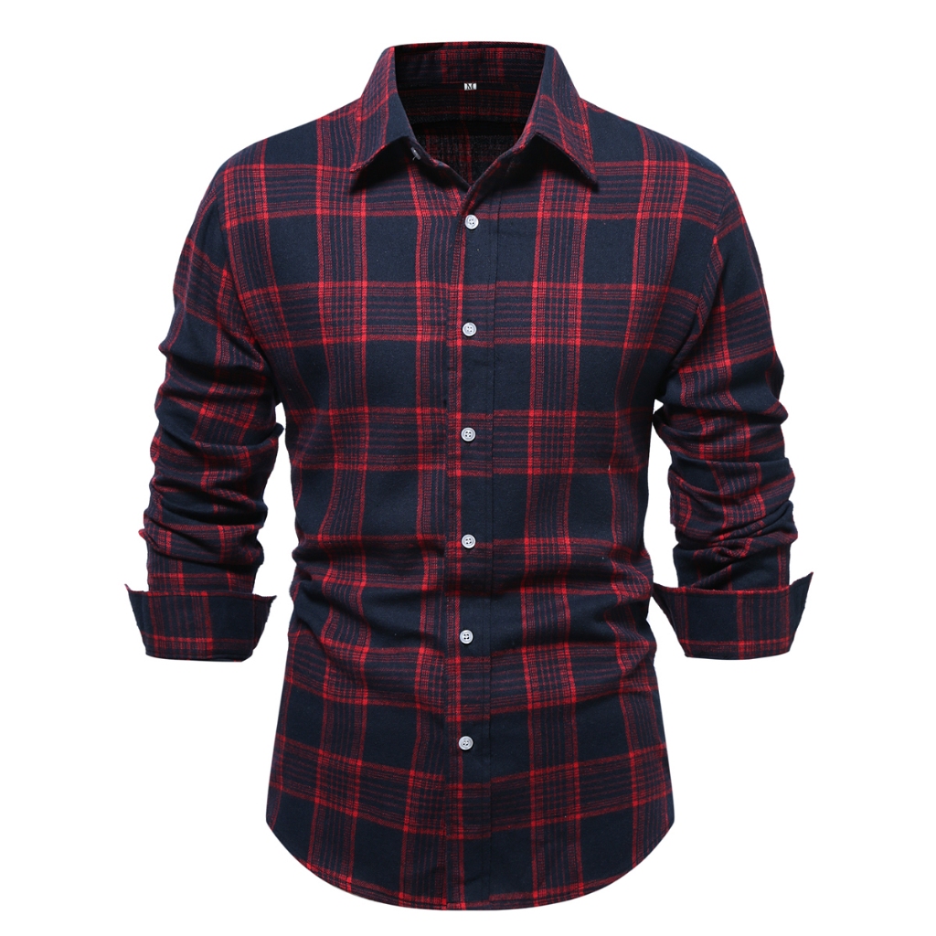 Cheque Casual Blusa Camisa Para Homens De Manga Comprida Vermelha Botão Baixo Novo Outono Inverno