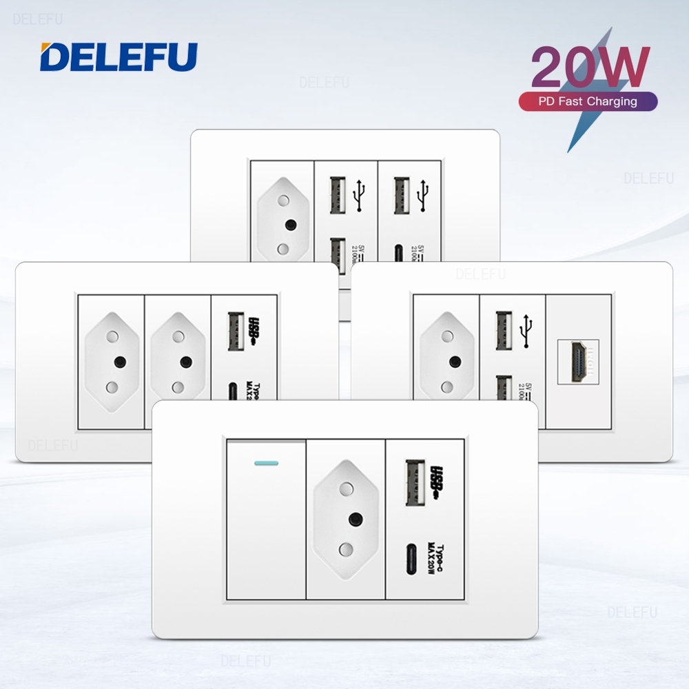DELEFU À Prova De Fogo PC Brasil Soquete Padrão Duplo USB Tipo-c Interruptor 4 * 2 Branco 10A 20A em Oferta na Shopee