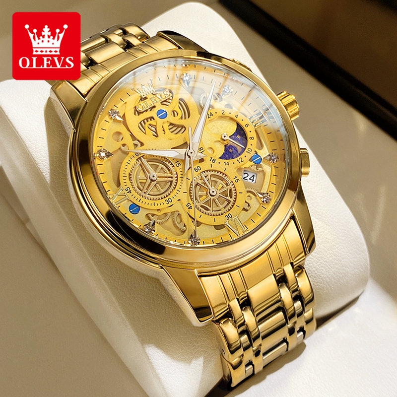 OLEVS Relógio Masculino A Prova D Água Original Aço Inoxidável Calendário Cronógrafo Luxo Dourado Branco 9947 - Watches