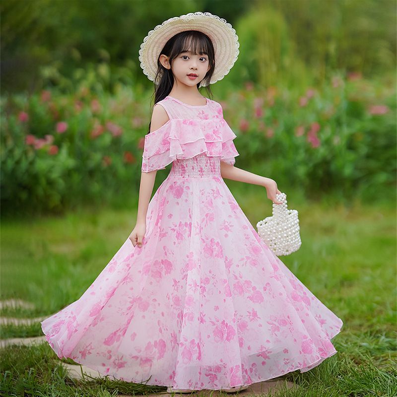 4-14 Anos Meninas Flores Rosa Princesa Chiffon Vestido De Bebê Aniversário De Casamento Festa De Natal Longo Adolescente Crianças Elegante Vestidos