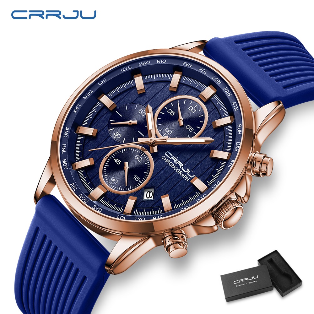Relógio Masculino Original CRRJU Marca Retro Calendário Cronógrafo Discagem Moda Casual Esportivo Quartzo À Prova D'água 2315