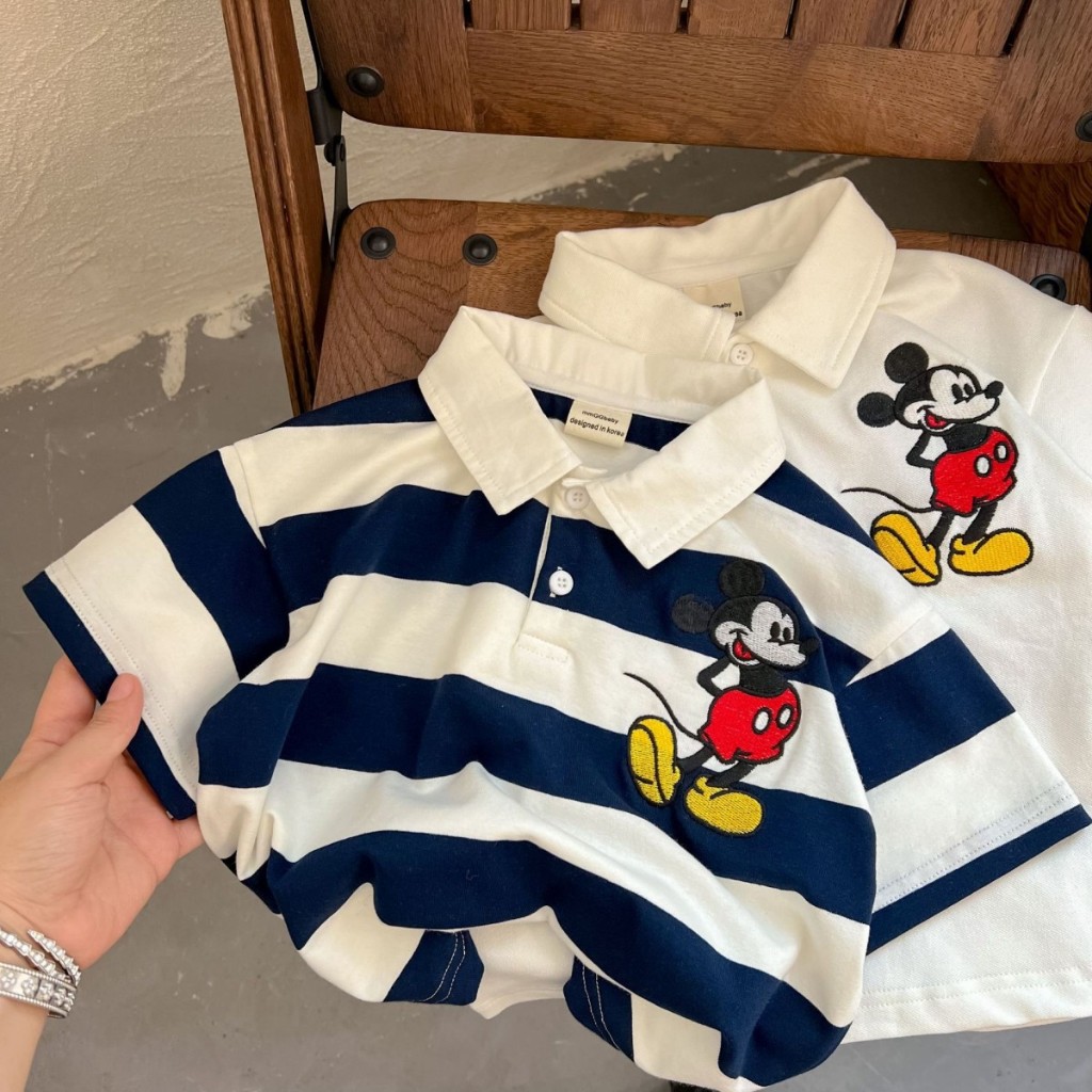 Camiseta Mickey Mouse 2024 verão bebê meninas lapela listrado manga curta polo infantil roupas algodão desenho animado