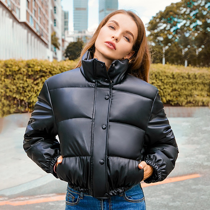 Moda Feminina PU Jaqueta De Couro Das Mulheres Curta Roupas De Inverno Grosso Solto zip up...