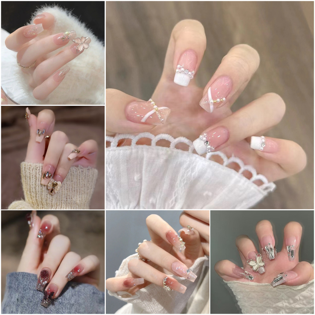 【 24pcs 】 24/Pcs Pregos Falsos De Unhas Falsas Arte De Dedo Francês Pérola De Rhinestone