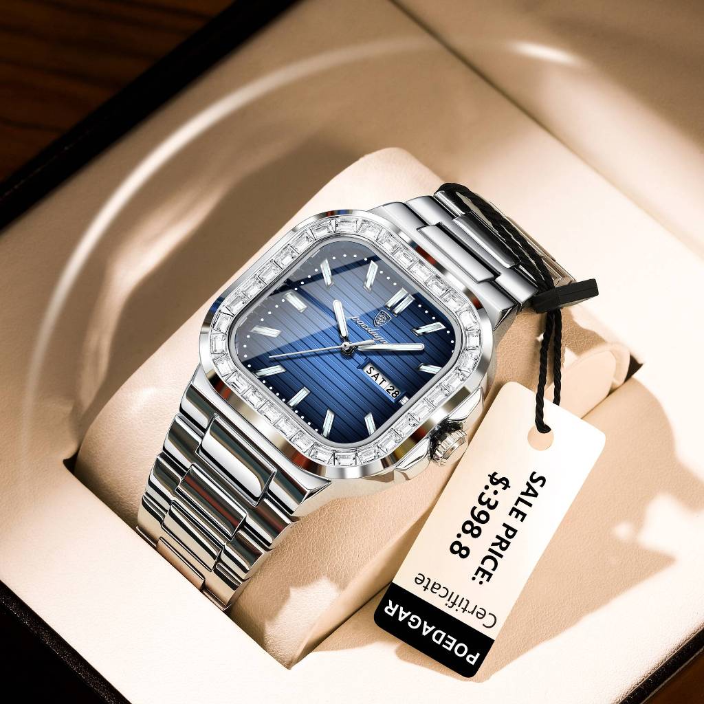POEDAGAR Relógio Masculino de Luxo com Mostrador Quadrado de Diamante Relógio Masculino de Aço Inoxidável Relógios Masculinos Impermeáveis ​​Luminosos Data Semana Relógios Masculinos Moda Relógio de Quartzo para Homens