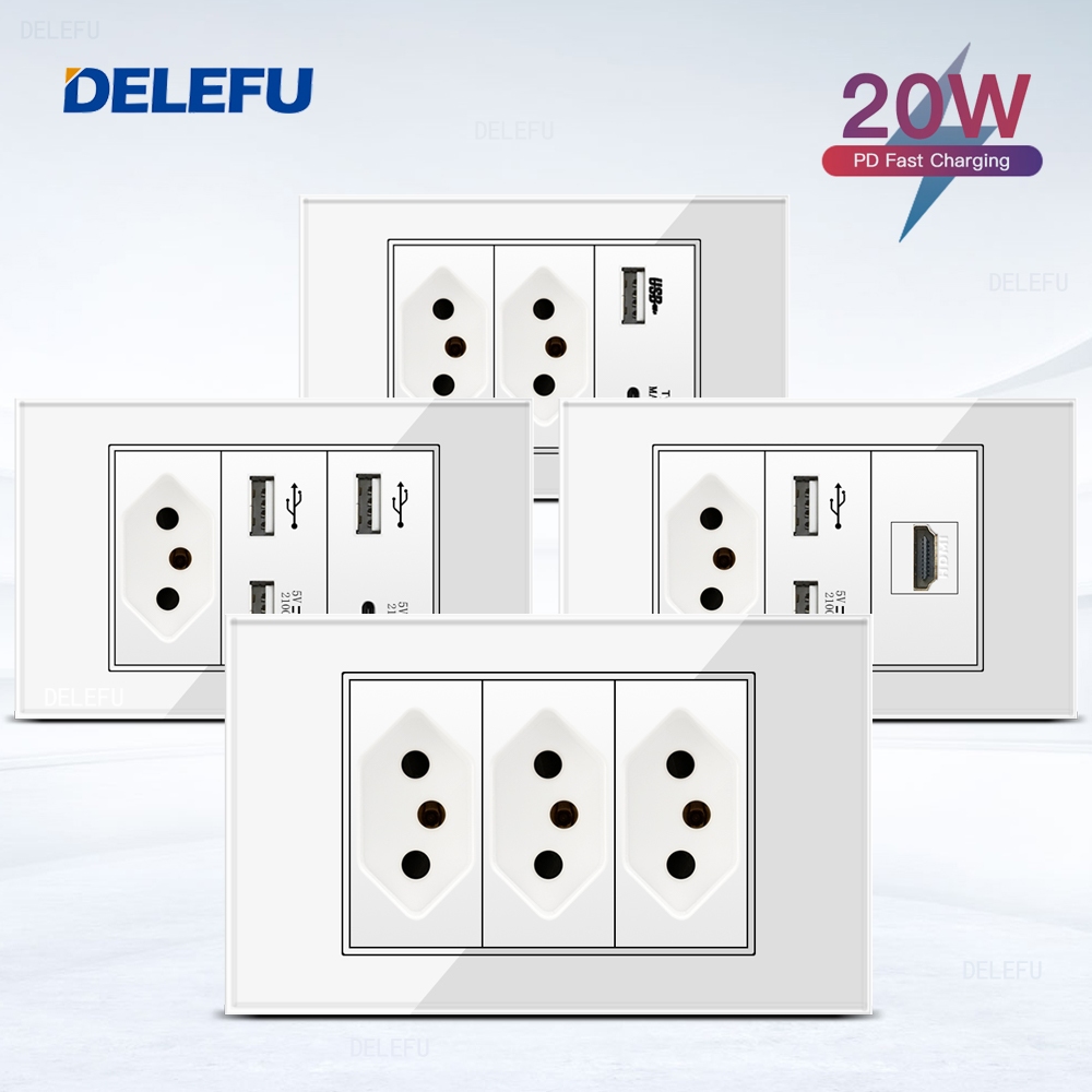DELEFU 4*2 Vidro Temperado Branco Tomada Padrão Brasileiro USB Type C Interruptor De Parede 10A 20A