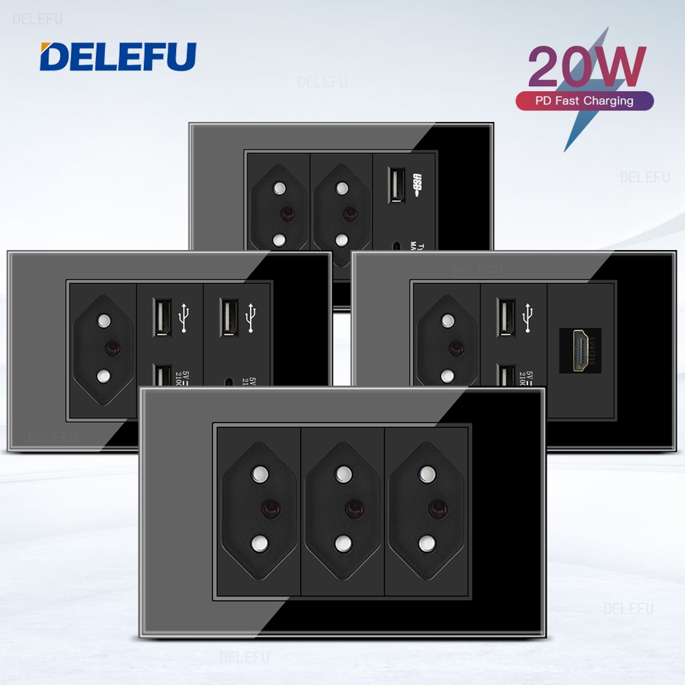 DELEFU 4 * 2 Vidro Temperado Preto Tomada Padrão Brasileiro USB Type C Interruptor De Parede 10A 20A