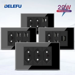 DELEFU 4 * 2 Vidro Temperado Preto Tomada Padrão Brasileiro USB Type C Interruptor De Parede 10A 20A