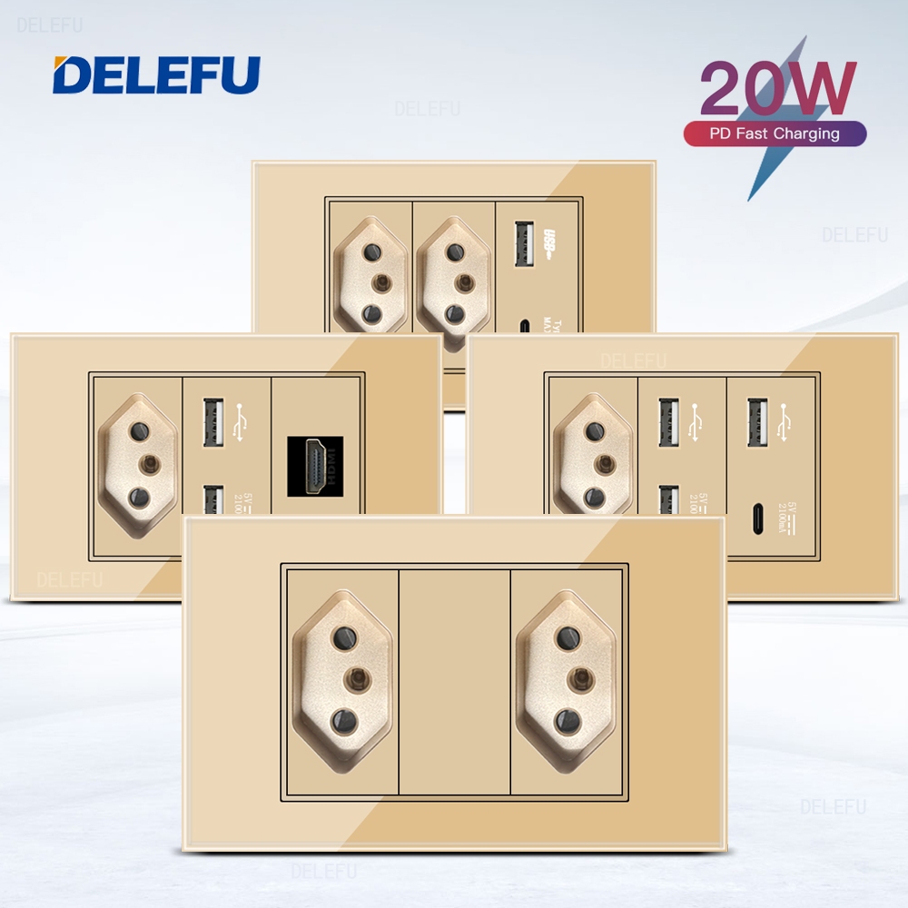 DELEFU 4 * 2 Vidro Dourado Temperado  Tomada Padrão Dupla USB Tipo C Interruptor De Parede 10A 20A em Oferta na Shopee