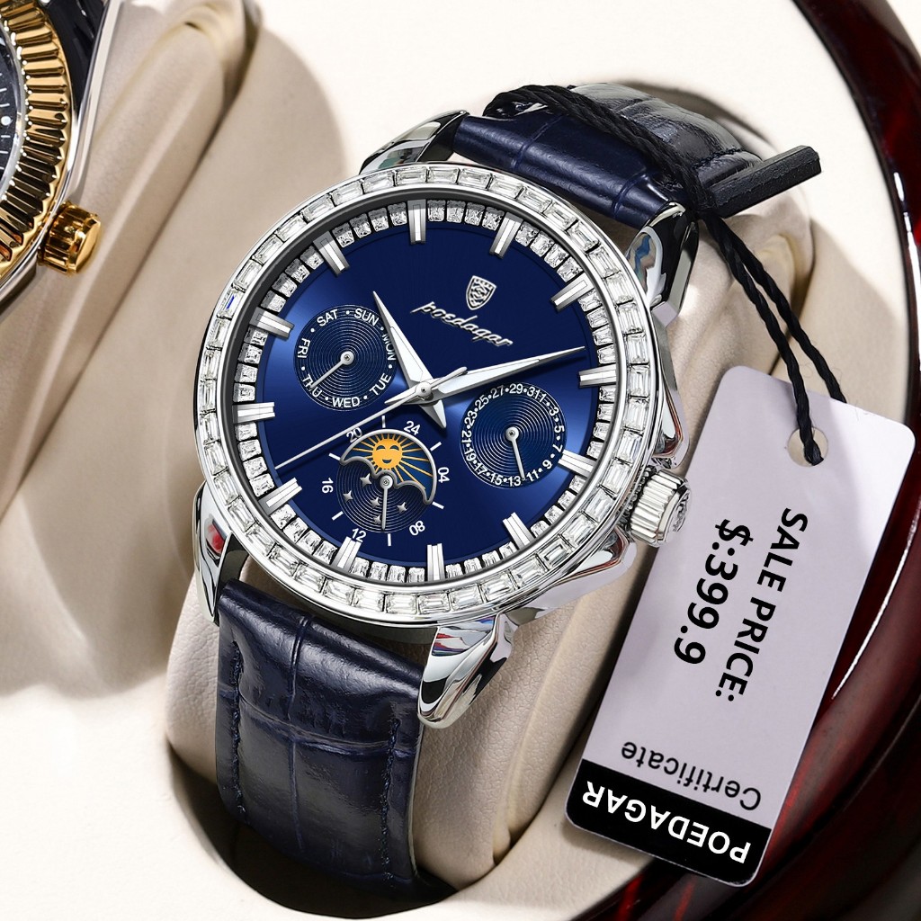 POEDAGAR Relógios Masculinos De Couro De Luxo Diamante Moda Relógio De Pulso Data Semana Relógio Luminoso À Prova D'água Para Homens Relógio De Quartzo Original