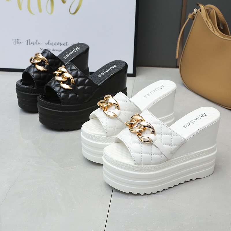 Moda Feminina Saltos Em Cunha 12 cm Lindas Sandálias Com Plataforma De Corrente De Ouro (Tamanho 34-39) em Oferta na Shopee