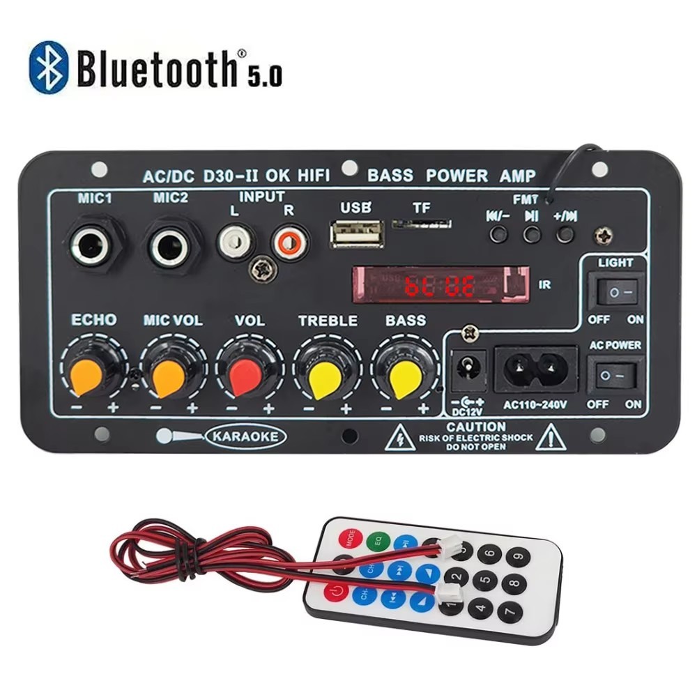110V 220V 12V Placa Amplificadora Digital Bluetooth Subwoofer Microfone Duplo Karaokê Amp Alto-Falante Home Theater DIY