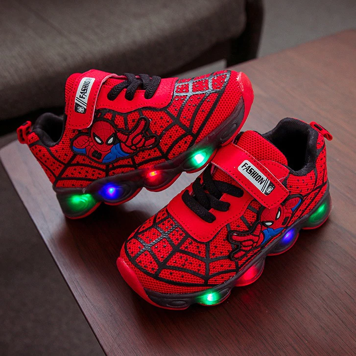 Tênis infantil Homem-Aranha Calçados infantis LED Meninos Meninas  bebê sapato infantil Leve e macio