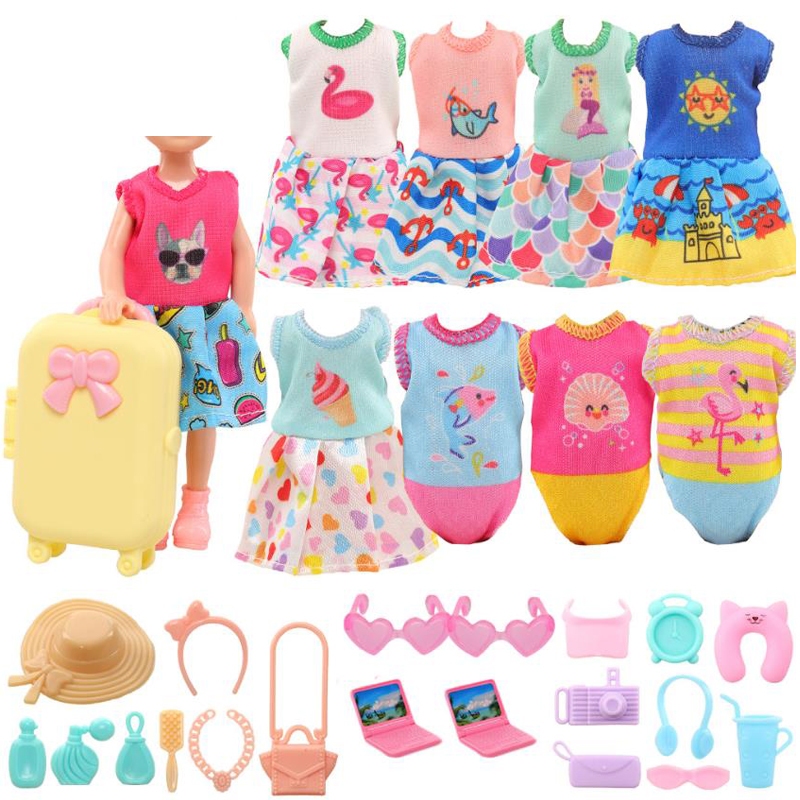 Conjunto De Viagem Para Chelsea 27 Peças = 1 Mala + 3 Saias Fatos De Banho + 8 Acessórios De Vida Lavagem + 2 Computadores Óculos