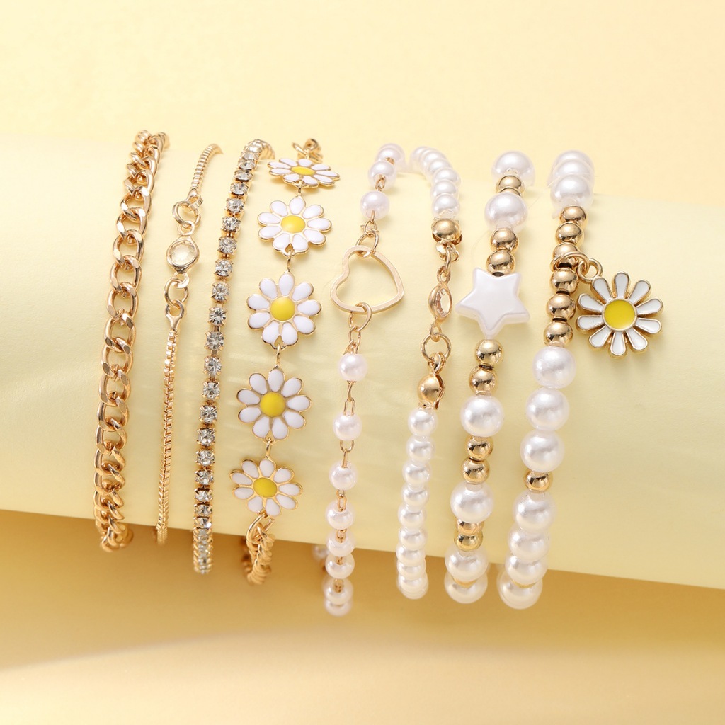 Conjunto De 4-8 Peças De Pequenas Contas De Ouro , Pérolas , Pulseiras daisy , Jóias Femininas Da Moda Por Atacado