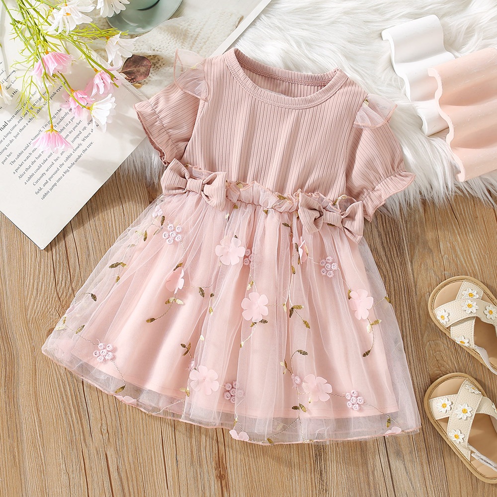 Verão Novo Vestido Rosa De Manga Curta Para Bebês Meninas , Roupas Infantis Florais Estilo Princesa (3 Meses A 3 Anos)