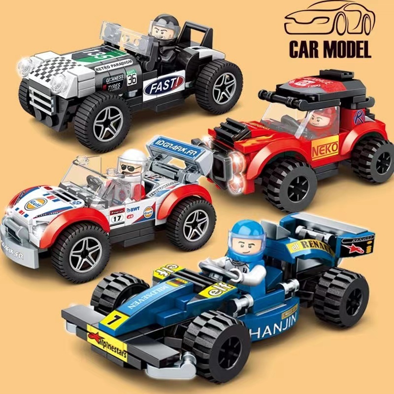 Blocos de construção de partículas pequenas compatíveis, carro de corrida, montagem educacional para crianças, brinquedos deslizantes, presentes para meninos em Oferta na Shopee