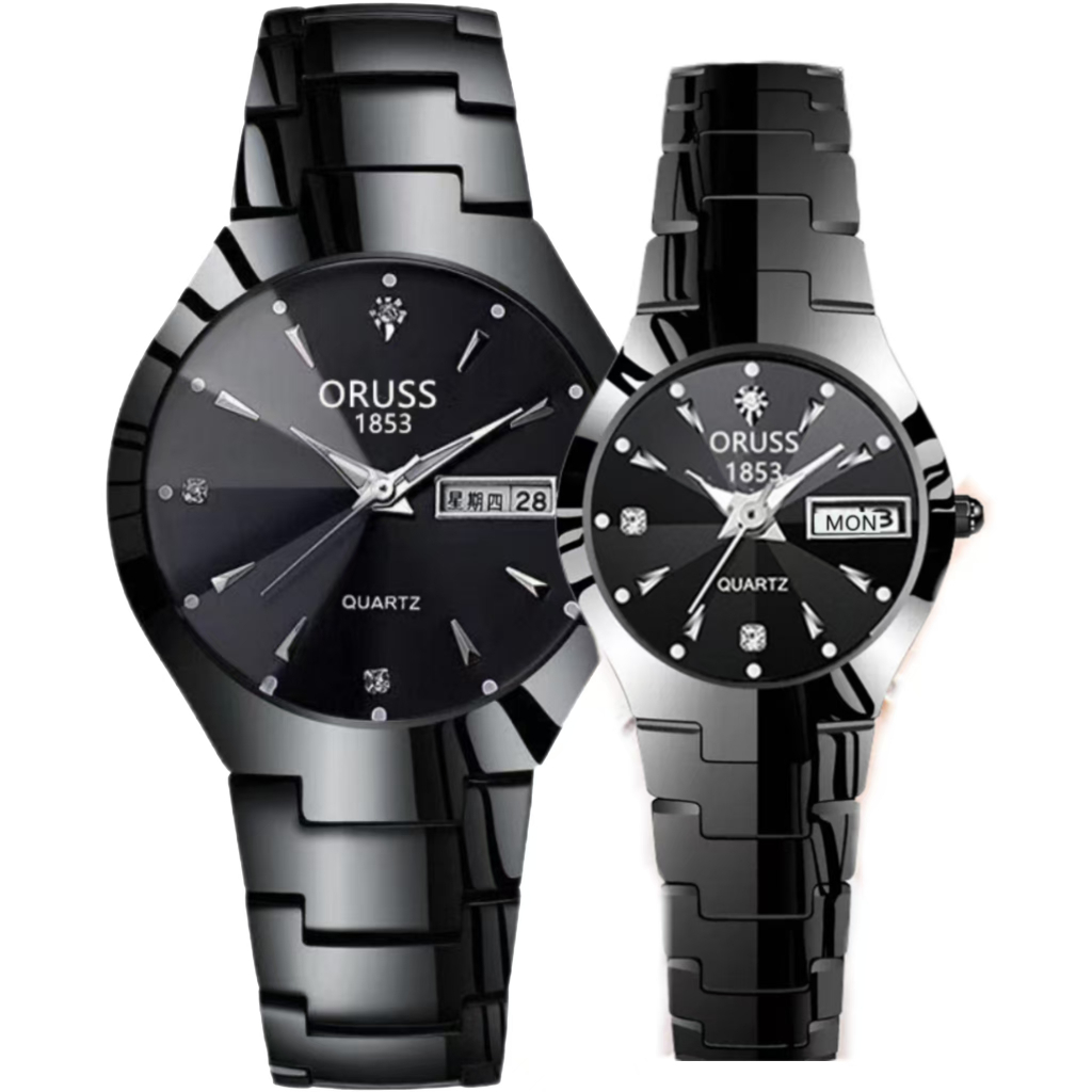 ORUSS Casal Original Aço Inoxidável Luxo Calendário Duplo Relógio Preto À Prova