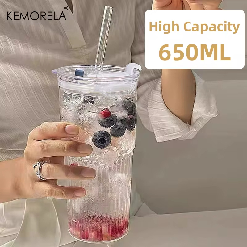 Copo De Vidro Listrado De 600ml , 1/2 Peças , Com Tampa E Canudo , Copos Transparentes Para Suco , Água Café Gelado , Caneca Bebidas em Oferta na Shopee