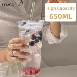 Copo De Vidro Listrado De 600ml , 1/2 Peças , Com Tampa E Canudo , Copos Transparentes Para Suco , Água Café Gelado , Caneca Bebidas