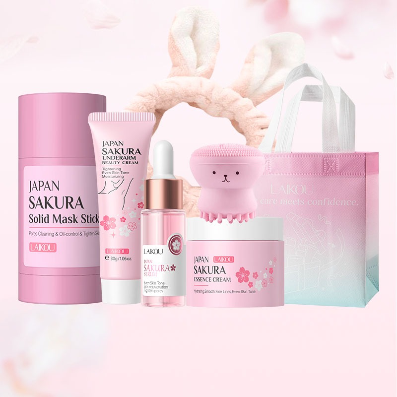 LAIKOU Sakura Skincare Set Glow Radiance Smooth Linhas Finas Iluminando O Tom Da Pele Nutritivo Profundo Reduct Manchas Escuras Com Bolsa De Presente Aniversário Halloween De Natal - Beauty