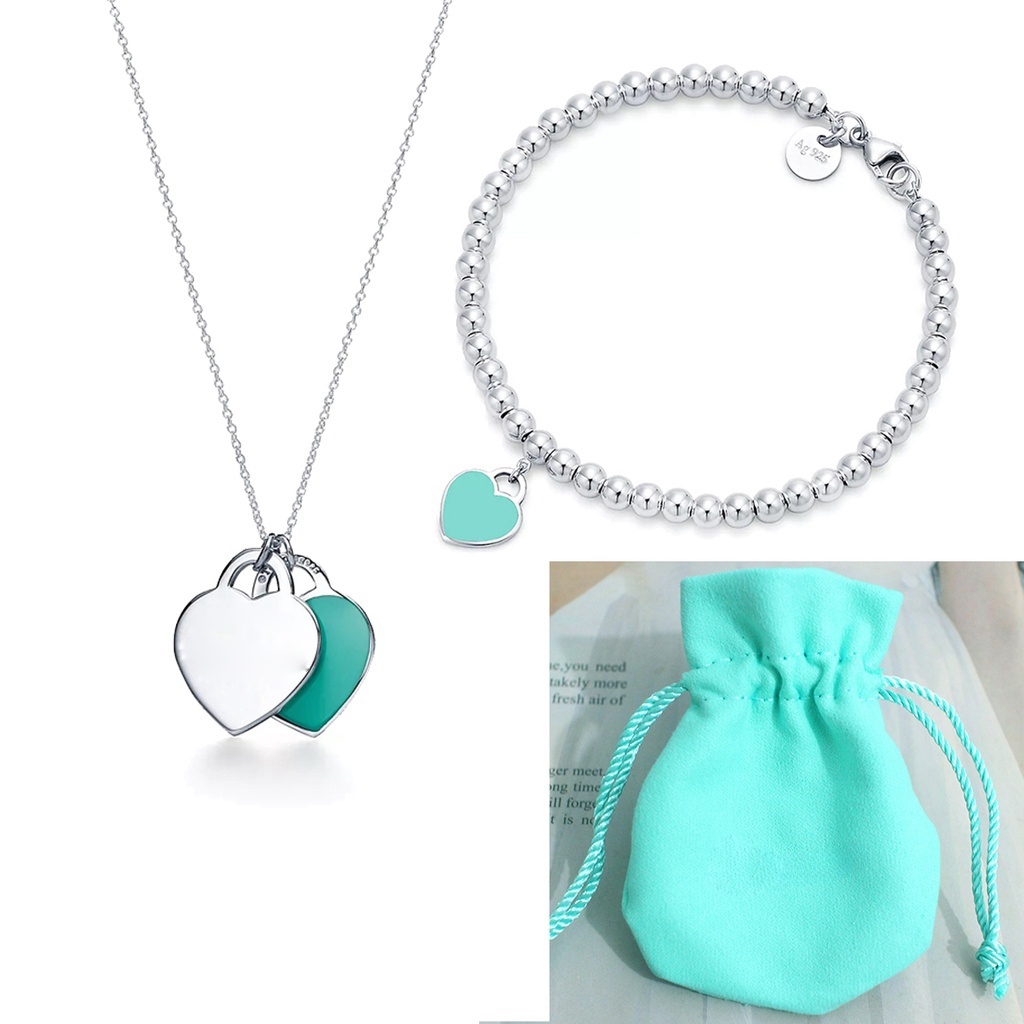 Kit Conjunto Colar E Pulseira Bracelete Coração Azul Corrente Prata 925 Braceletes Com Saco de veludo