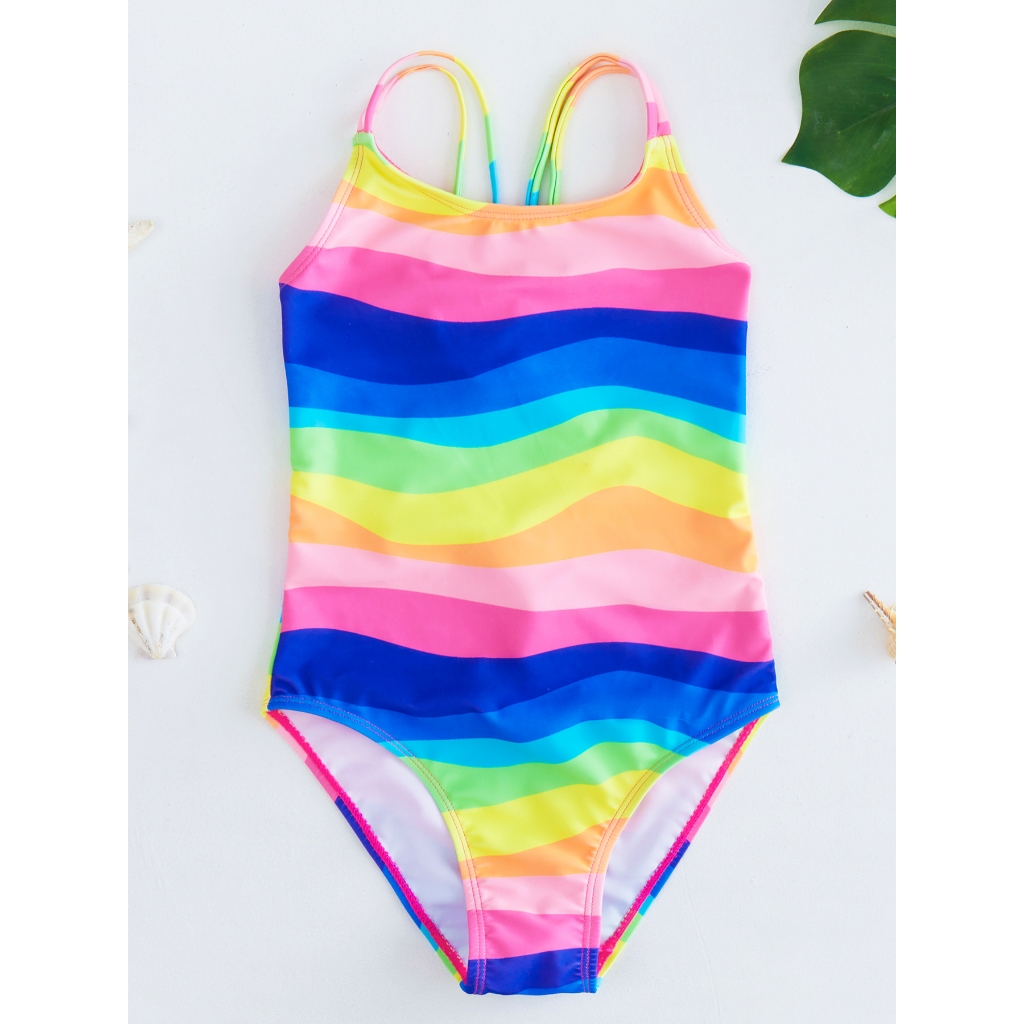 Meninas Adolescentes Verão Praia Roupa De Banho De Uma Peça Com Listras Arco-Íris Estampadas Alça Cruzada