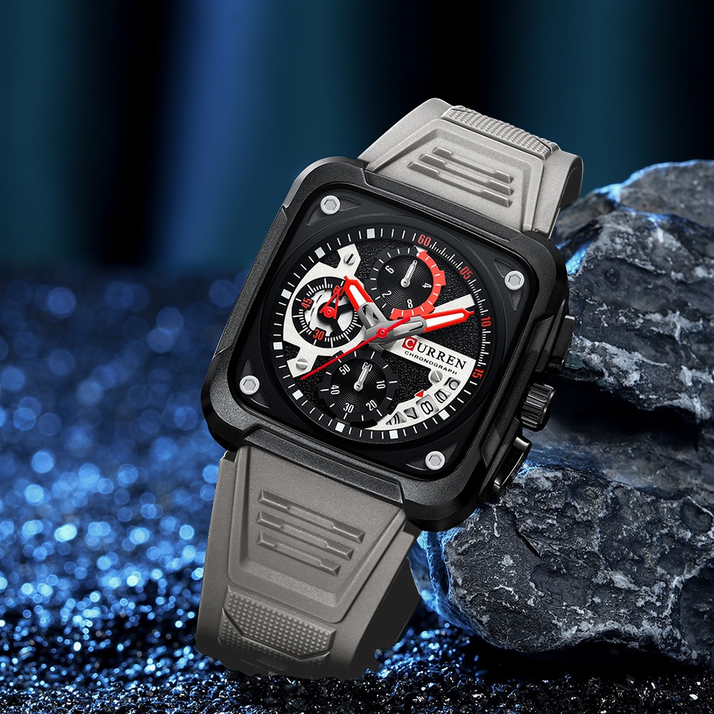 Detalhes do Relógio Masculino CURREN Marca Original Genuíno Multifuncional Quadrado Cronógrafo Mostrador Calendário Luminoso Pulseira De Silicone Casual Negócios Esportes Quartzo À Prova D'água 8461 XQ