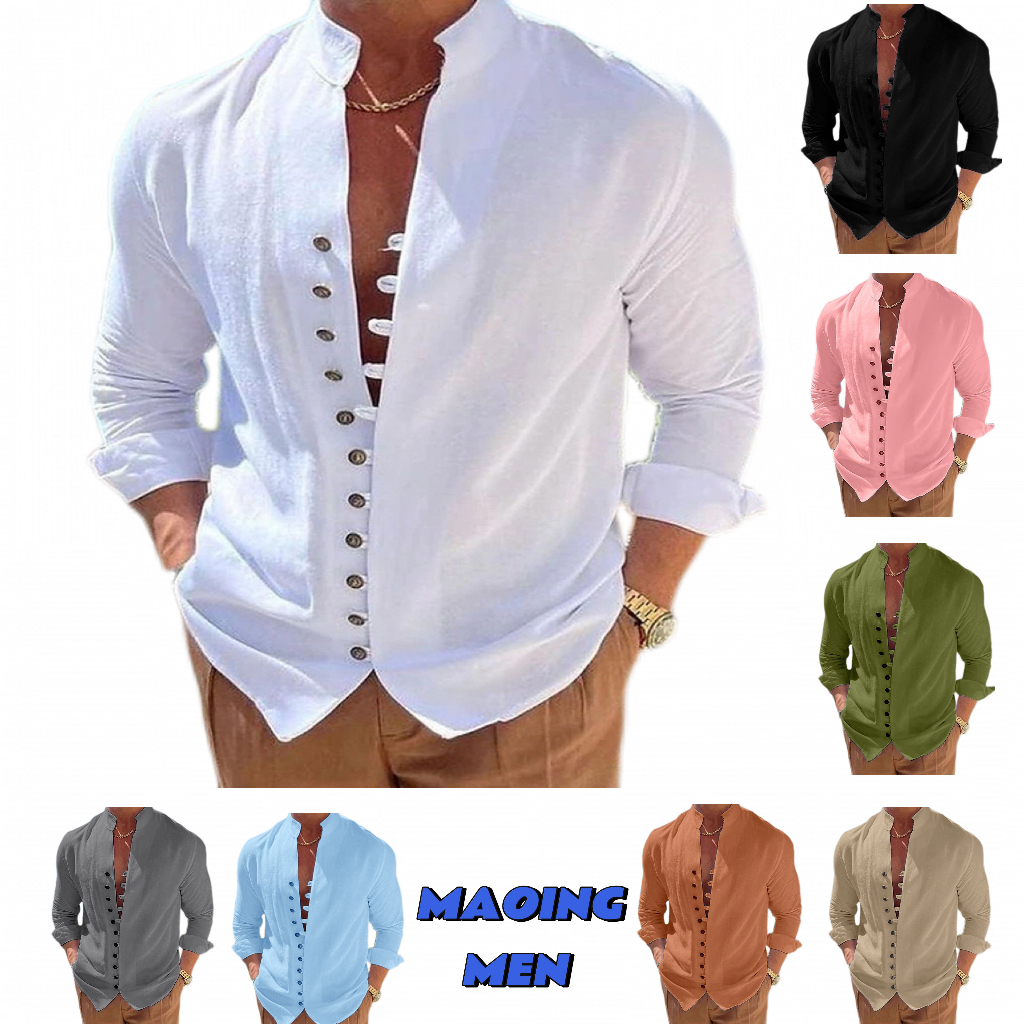 【MAOINGMEN】 Camisa Masculina Vintage De Algodão E Linho Casual De Manga Comprida Solta Moda De Rua Camisas Com Botões Roupas