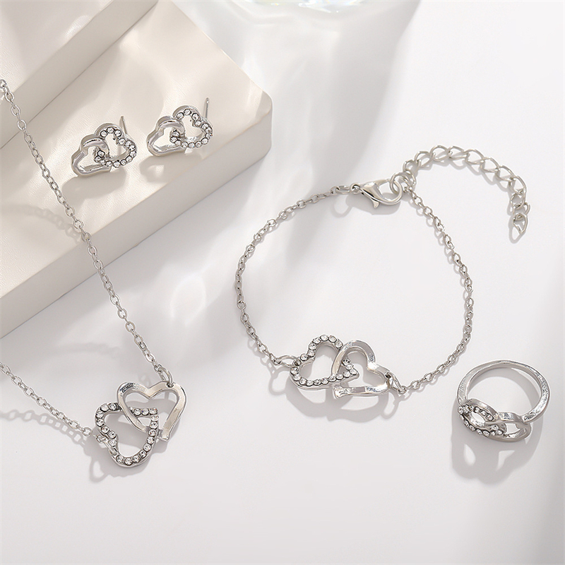 Moda 18K Ouro Coreia Corações Duplos Colar De Cristal Pulseira Brinco Anel Feminino Sorte Jóias Presente Do Dia Dos Namorados em Oferta na Shopee