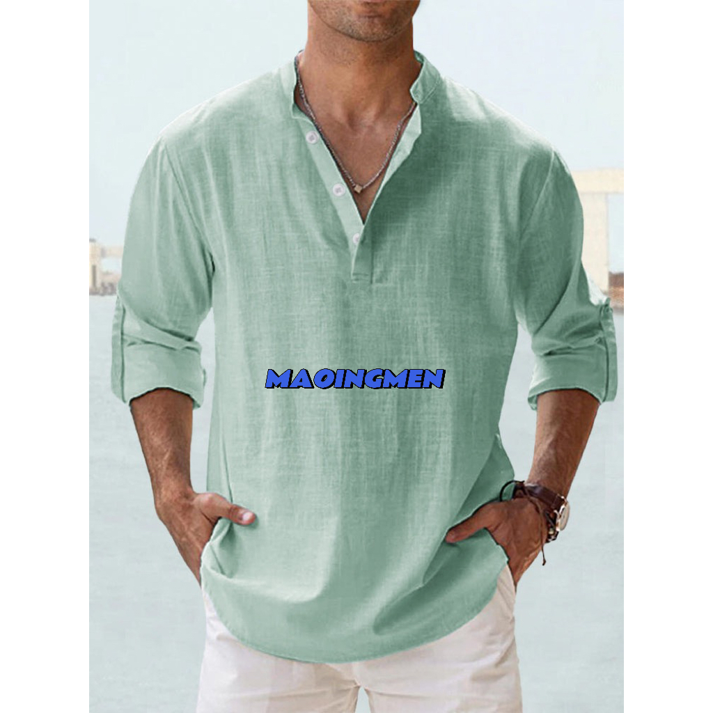 [MAOINGMEN] Camiseta Masculina de linho com gola alta e manga comprida,Cor sólida manga comprida algodão e camisa de lin