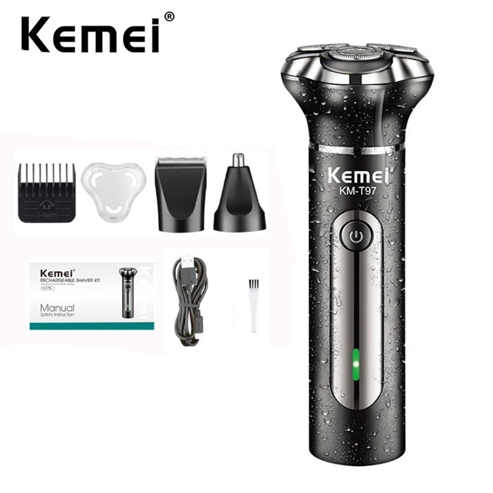 Kemei 3D Barbeador Elétrico Masculino Molhado Seco Lavável Navalha Rotativa Multifuncional Nariz Orelha Aparador De Barba Máquina De Cortar Cabelo Presentes À Prova Dwaterproof Água