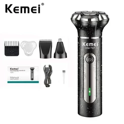 Kemei 3D Barbeador Elétrico Masculino Molhado Seco Lavável Navalha Rotativa Multifuncional Nariz Orelha Aparador De Barba Máquina De Cortar Cabelo Presentes À Prova Dwaterproof Água