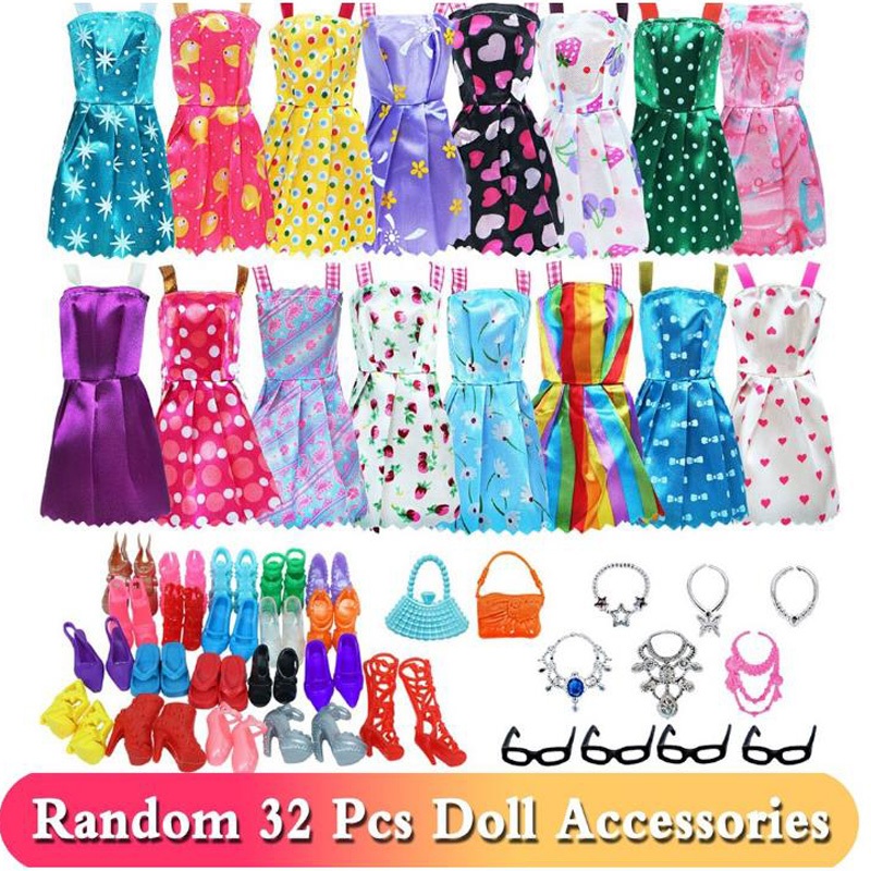 Itens De Casa De Bonecas Da Moda Baratos 32 Unidades/Conjunto = Random10 Vestido + 10 Sapatos + 6 Colar + 4 Óculos + 2 Bolsas Acessórios De Boneca Para 1/6 em Oferta na Shopee