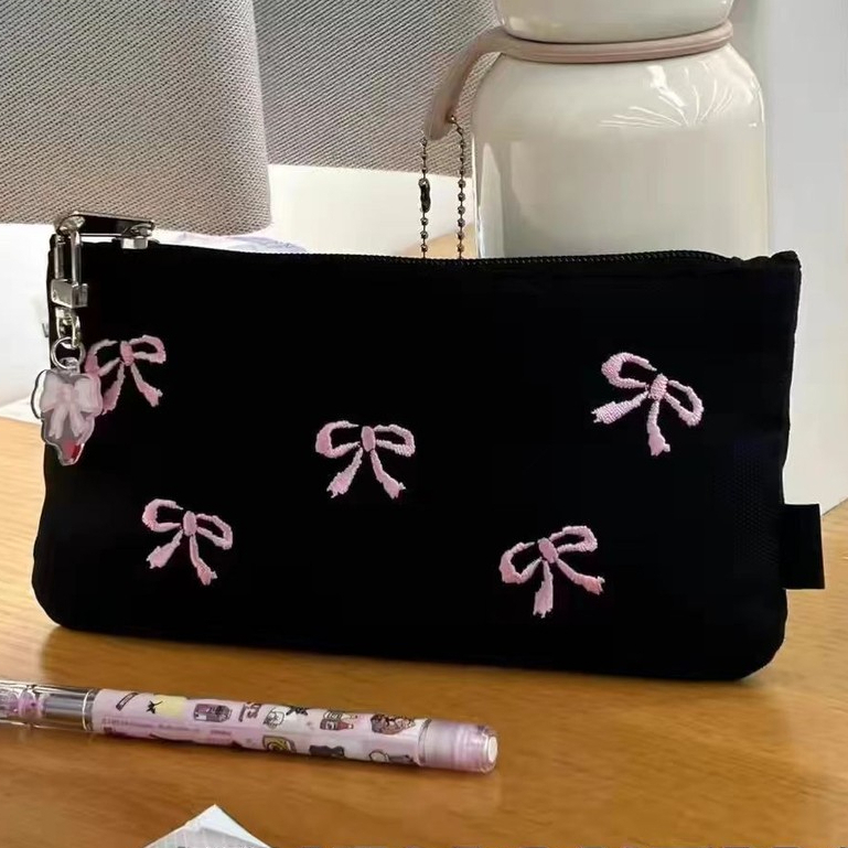 Estojo De Lápis De Grande Capacidade , Arco Preto , Bordado , Armazenamento De Papelaria Para Estudantes , Simples em Oferta na Shopee