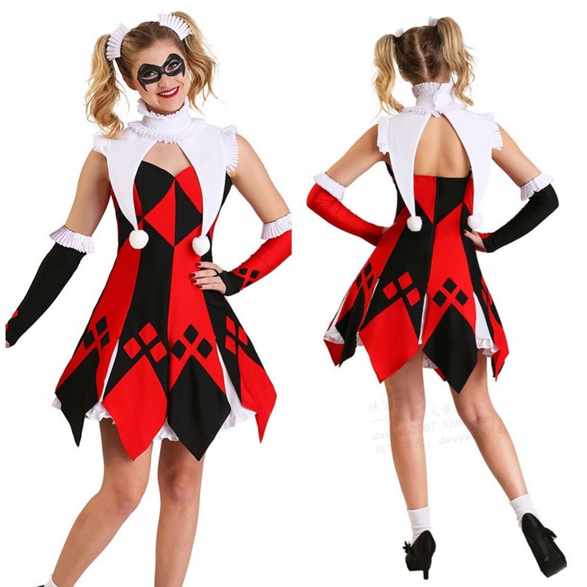 Arlequim Jester Cosplay Vestido Feminino Fantasia De Halloween Natal Ano Novo Carnaval Palhaço Traje de Festa