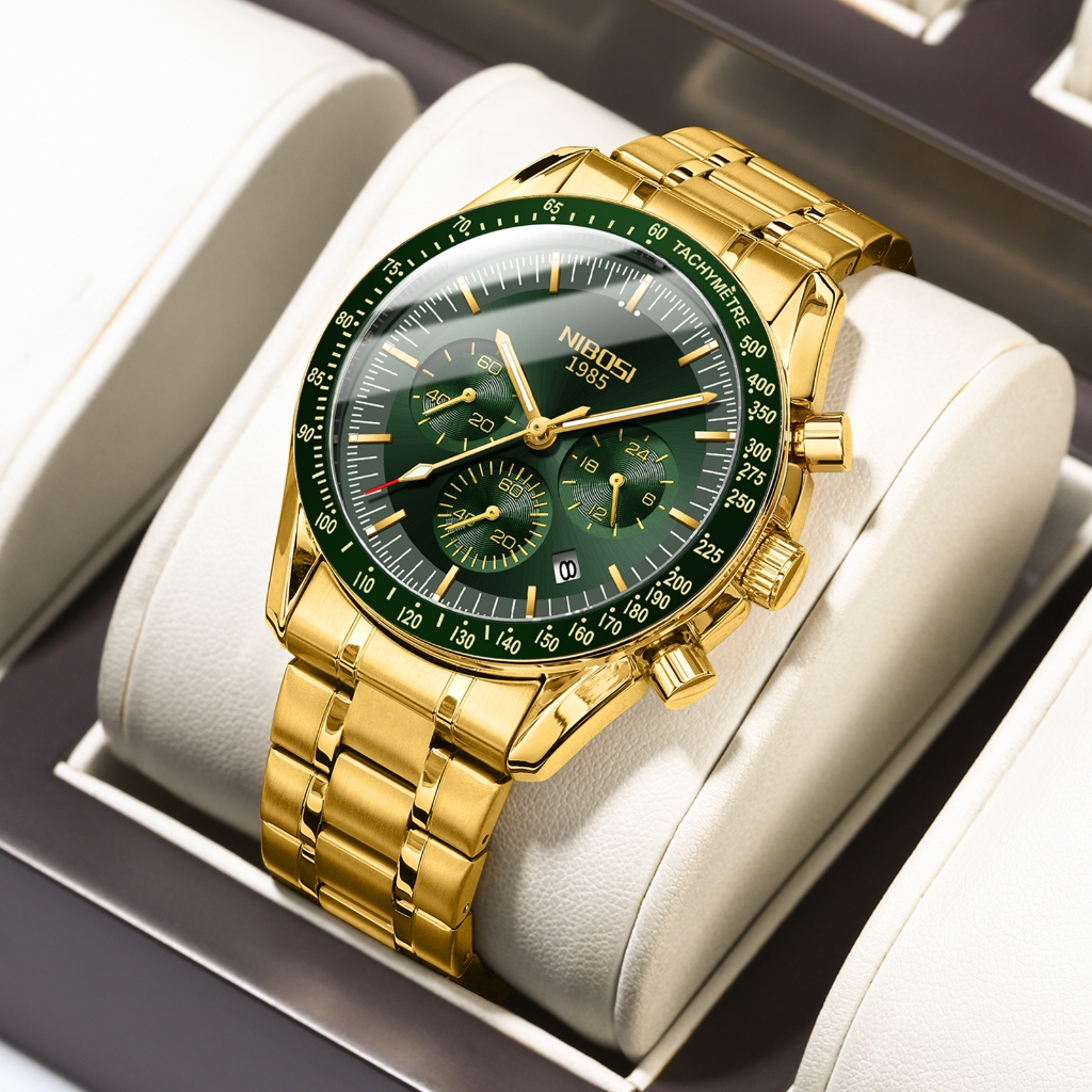 NIBOSI Relógio De Ouro Masculino De Luxo Com Pulseira De Aço Inoxidável 30M Cronógrafo À Prova D'água