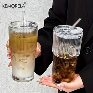 Copo De Vidro Listrado Vertical INS 1/2 Unidades Com Tampa E Canudo-Ótimo Para Café Gelado , Suco , Chá Leite-Adequado Água Ao Ar Livre , Escolar em Oferta na Shopee