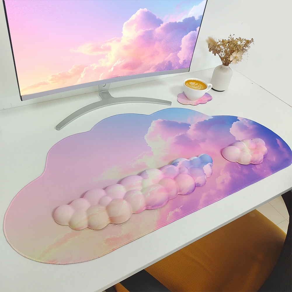 Conjunto de 4 peças de mouse pad em formato de nuvem e apoio para pulso do teclado, tapete de mesa grande e extenso,